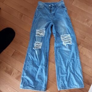 Wide Leg Distressed Blue Jeans